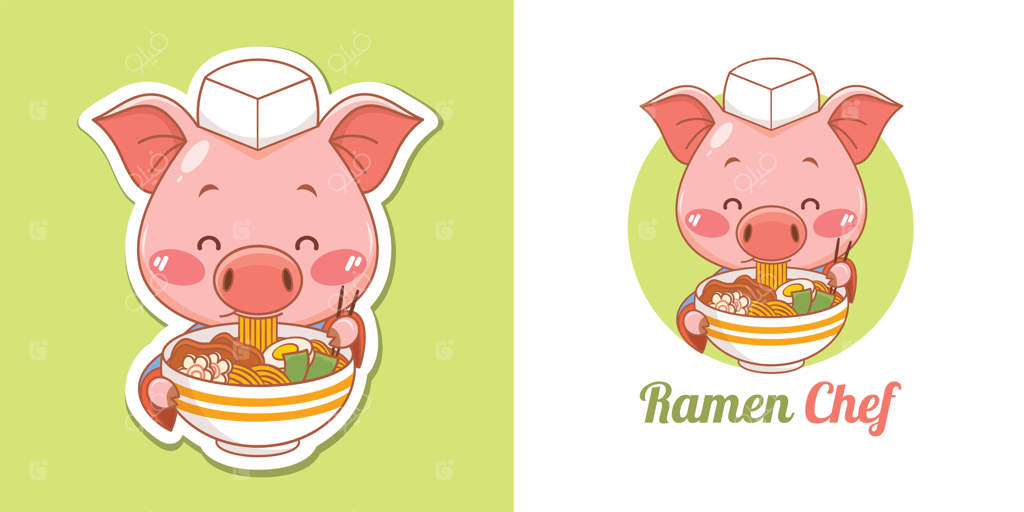 لوگوی بامزه سرآشپز خوک در حال خوردن رامن ژاپنی
