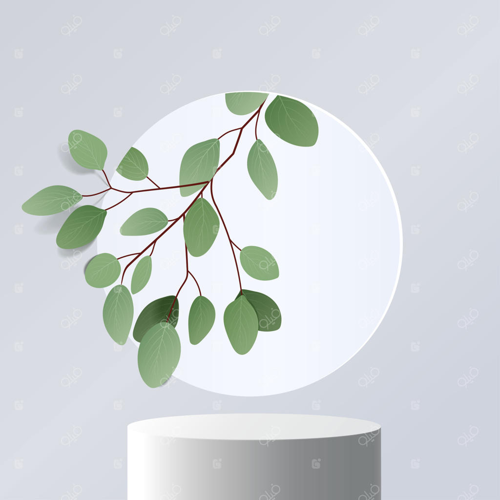 صحنه مینیمال و انتزاعی با اشکال هندسی: سکوی استوانه‌ای در پس‌زمینه سفید با برگ‌ها. ارائه محصول. سکو یا پایه نمایش. 3D