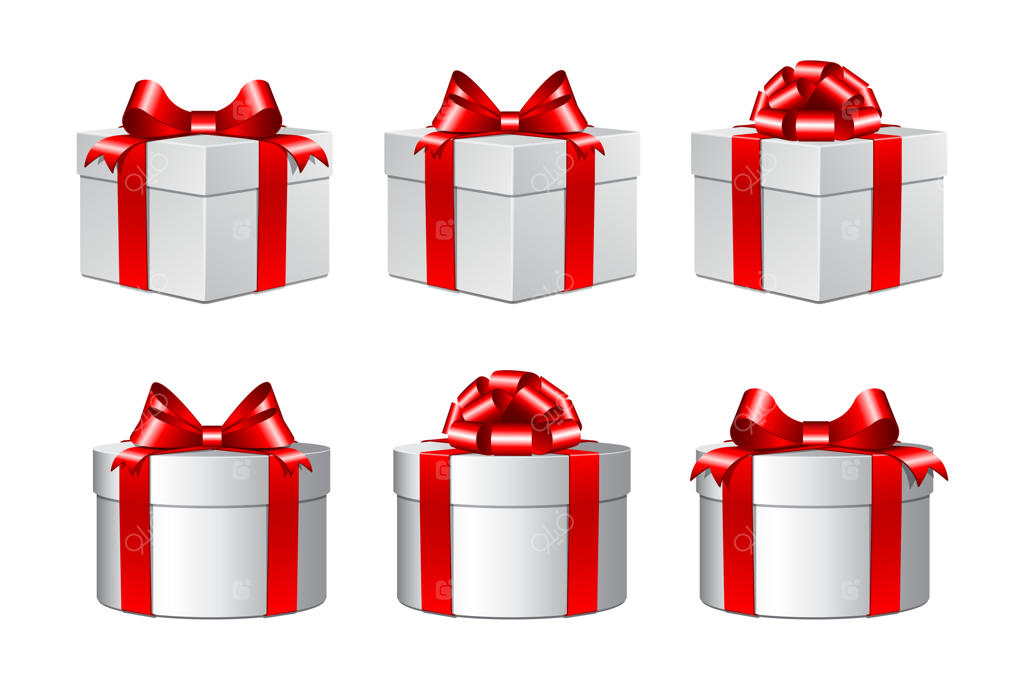 سه جعبه هدیه سفید با روبان قرمز روی زمینه سفید