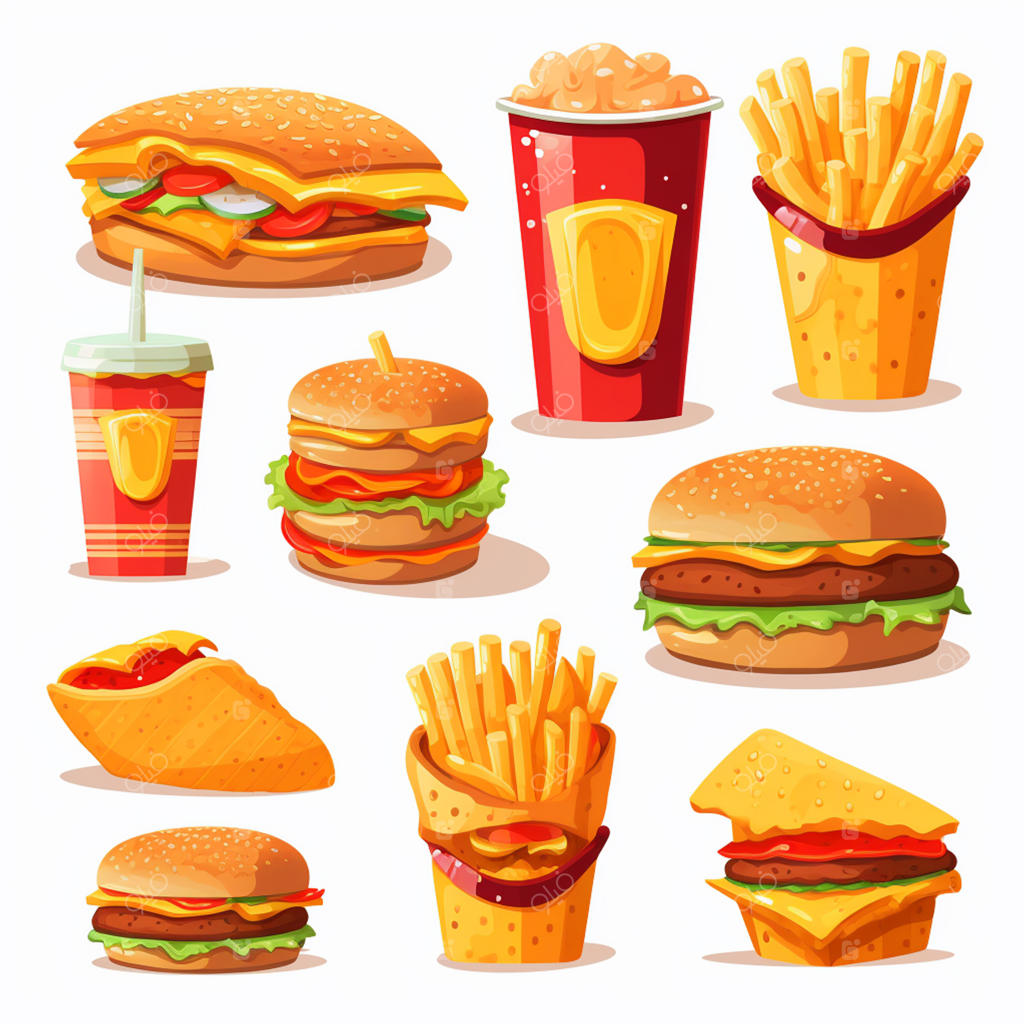 وکتور آیکون همبرگر و فست فود، تصویرسازی منوی رستوران، پیتزا و ساندویچ