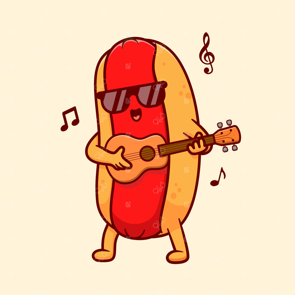تصویر کارتونی نان داغ بامزه در حال نواختن گیتار. مفهوم آیکون غذا و موسیقی به صورت تخت و جدا.