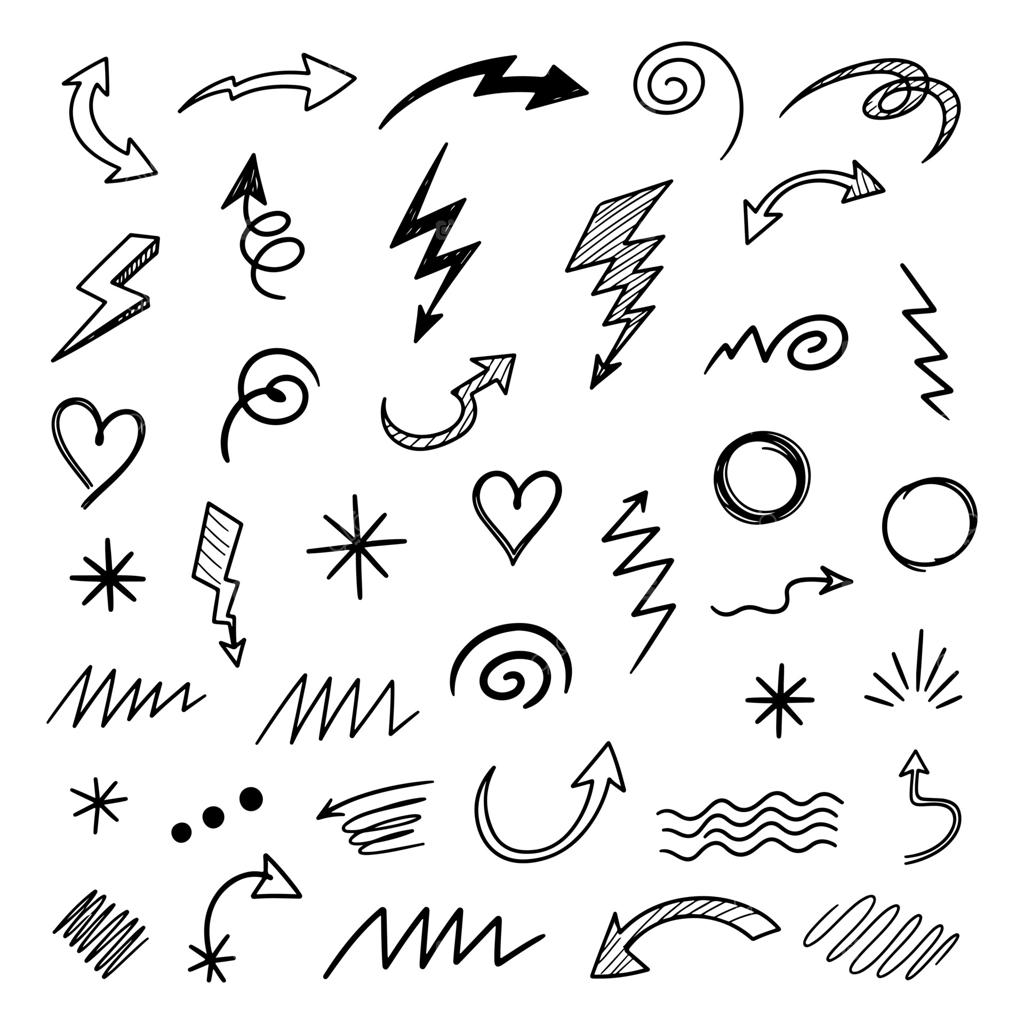 مجموعه آیکون‌های دست‌ساز فلش، رعد و قلب. اجزای طراحی دستی.