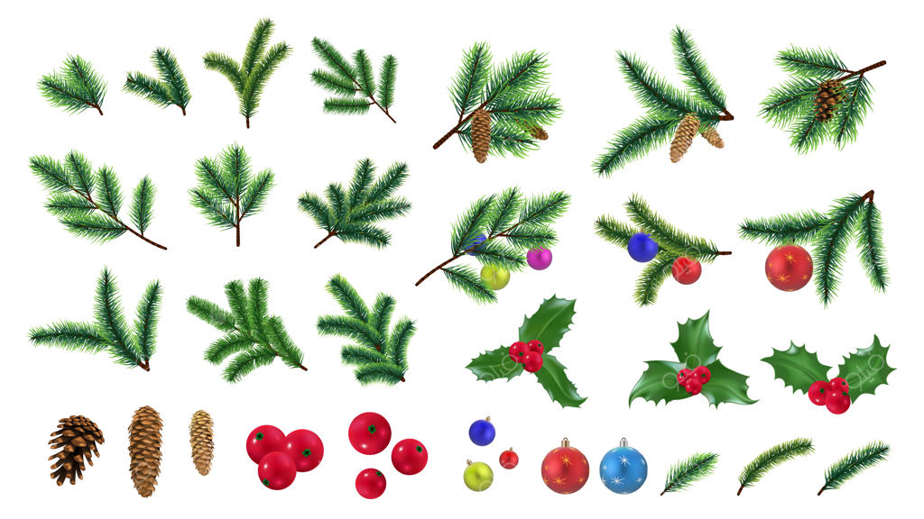 شاخه‌های طبیعی کاج واقع‌گرایانه برای تزئینات درخت کریسمس: مخروط‌ها، توت‌های قرمز و گوی‌های جشن سبز برای سال نو! وکتور تزیینی.