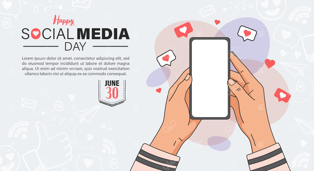 تصویرسازی روز رسانه‌های اجتماعی با دست و اعلان‌های قلبی