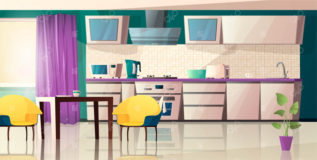آشپزخانه مدرن با تجهیزات: فر، مایکروویو، کتری، توستر، هود، میز، صندلی و گلدانی با گیاه. تصویر کارتونی.