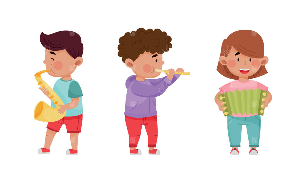 مجموعه تصویرسازی کارتونی کودکان در حال نواختن ساز؛ دختر و پسر نوازنده فلوت، ساکسوفون و آکاردئون