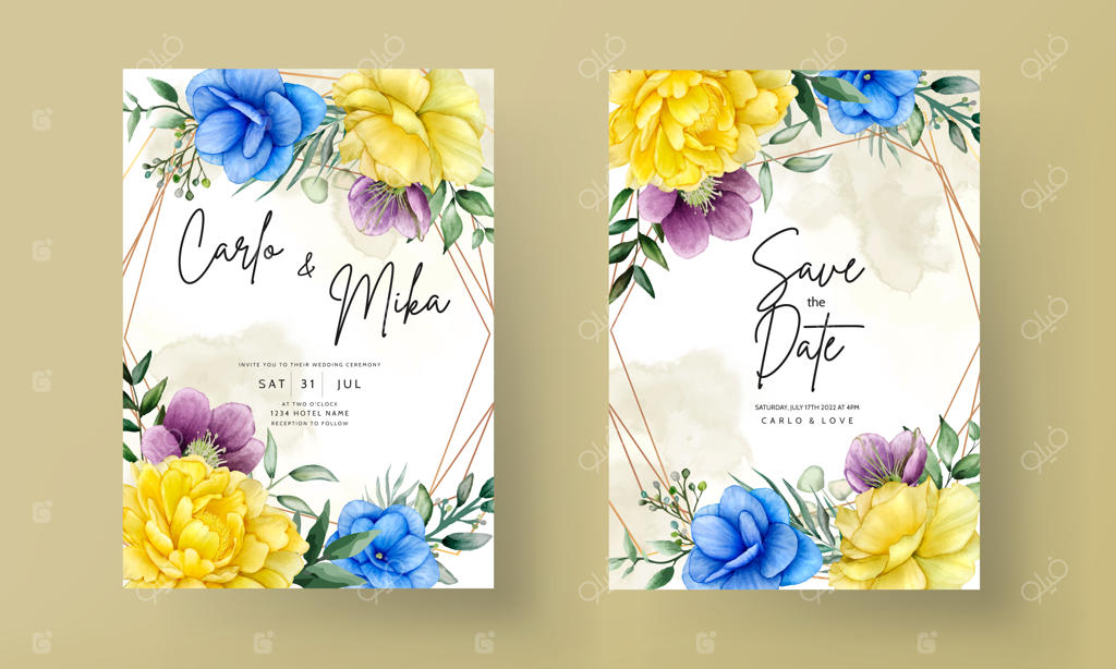 مجموعه قالب کارت دعوت مراسم عروسی با طراحی زیبا از گل‌ها و برگ‌ها