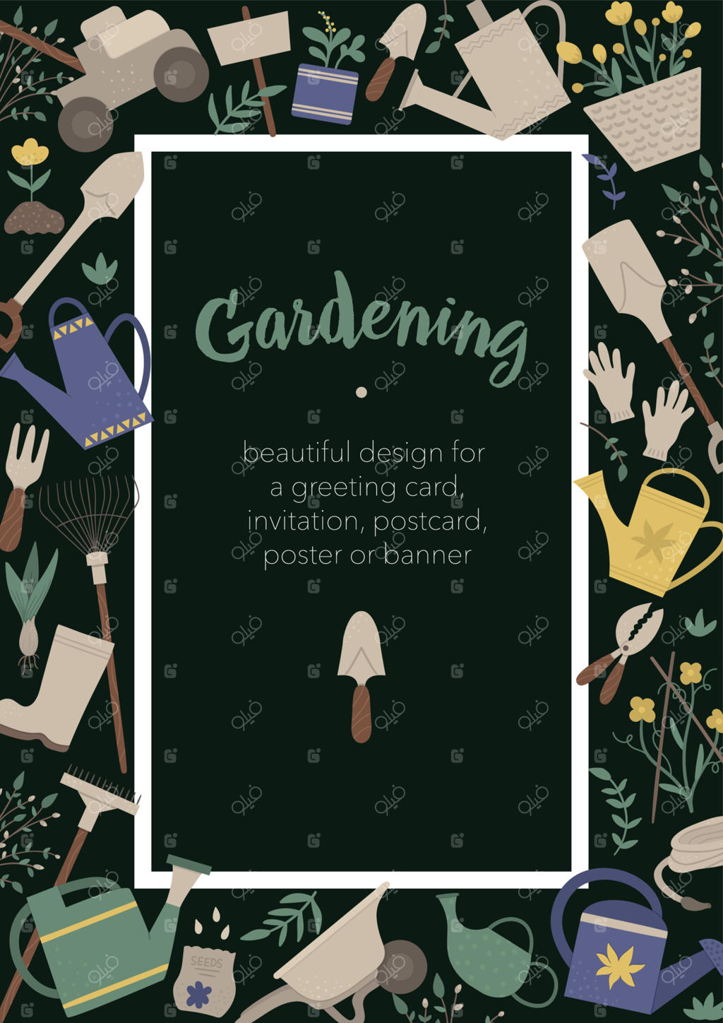 قاب عمودی با ابزار باغبانی، گل‌ها و گیاهان: دعوت‌نامه یا بنر باغبانی بهاری زیبا و شاد