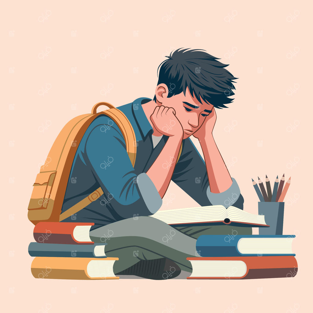 تصویرسازی دانش‌آموز همراه با کتاب؛ مفهوم افسردگی و استرس در نوجوانان