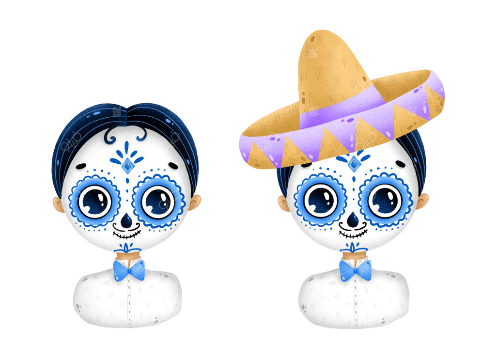 پرتره یک پسر مکزیکی کارتونی زیبا با آرایش اسکلت و کلاه سومبررو