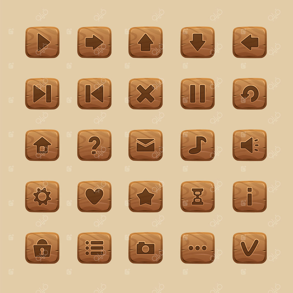 دکمه‌های رابط کاربری بازی چوبی و کارتونی برای صفحه اصلی و منو، مجموعه‌ای از آیکون‌های کامیک: شروع، پخش، مکث و بازنشانی به‌صورت وکتور مجزا