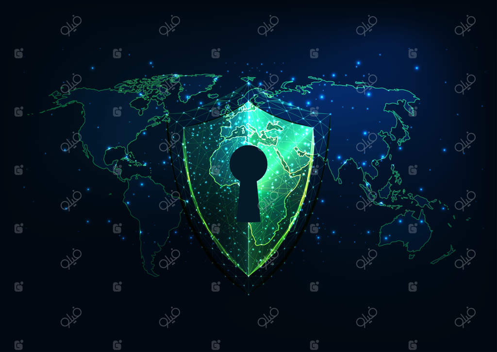 مفهوم امنیت سایبری آینده‌نگر با سپر چندضلعی درخشان و نقشه جهانی.