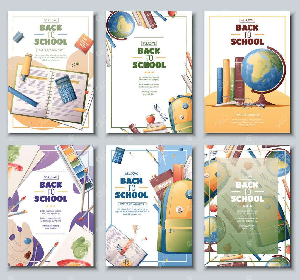 مجوعه بنر و تراکت مدرسه با کیف، کره زمین، کتاب‌ها. بازگشت به مدرسه، روز معلم، عشق به دانش. پس‌زمینه