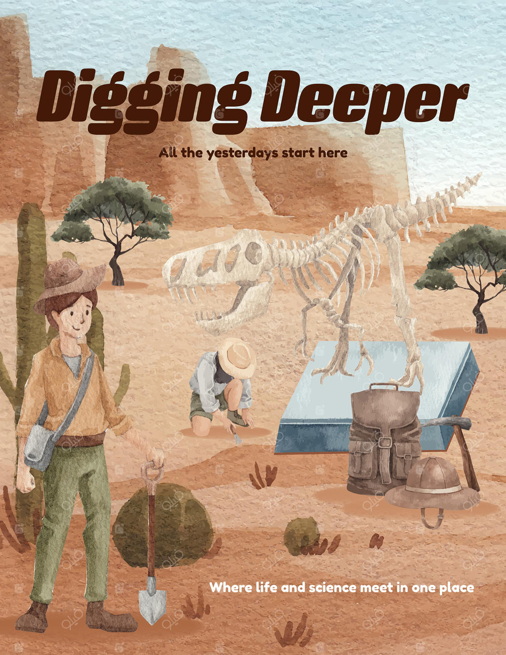 قالب پوستر با طرح باستان‌شناسی فسیلی به سبک آبرنگ