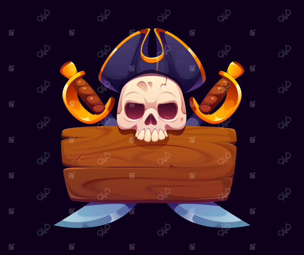 تابلوی چوبی با جمجمه دزد دریایی، کلاه و شمشیرها