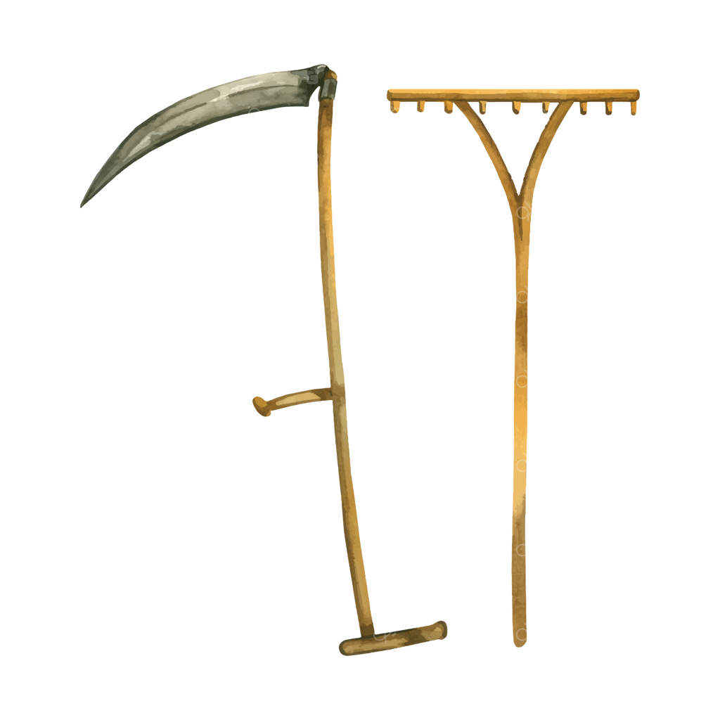 مجموعه ابزارهای باغبانی: داس برای چمن‌زنی و درو گندم، چنگک چوبی برای جمع‌آوری علف. همه اشیا با آبرنگ به‌صورت دستی نقاشی شده و روی زمینه سفید قرار دارند. مناسب برای طراحی و خلاقیت