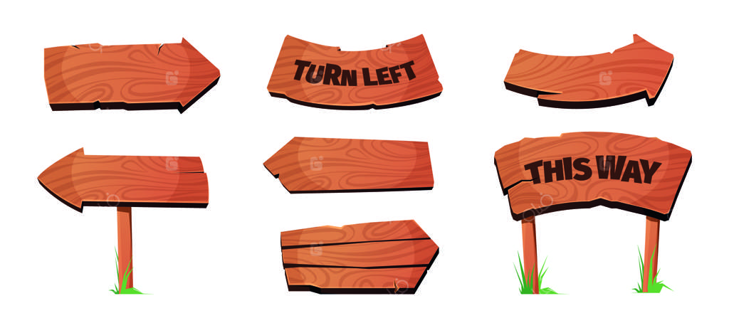 مجموعه‌ای از تابلوهای چوبی جهت‌نما با طراحی‌های کارتونی و رنگ‌های چشمگیر