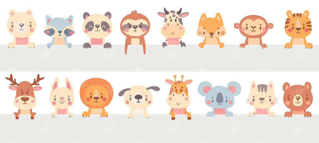 حیوانات بامزه: نگاهی به حیوانات خنده‌دار و دوست‌داشتنی. مجموعه‌ای از نقاشی‌های دستی گربه و سگ، خرس خندان، راکون و روباه به‌صورت وکتور