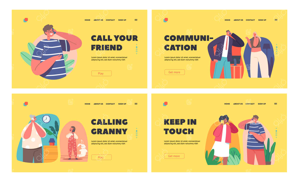 مردم با موبایل ارتباط برقرار می‌کنند: قالب صفحه فرود برای مادربزرگ و نوه، زوج بالغ و نوجوانان