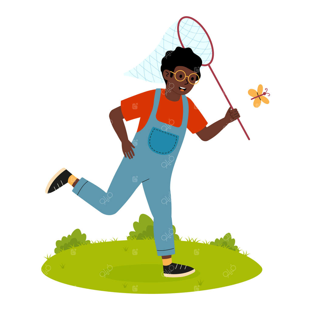 بچه‌ای که در بعدازظهر آفتابی با تور در باغ پروانه شکار می‌کند