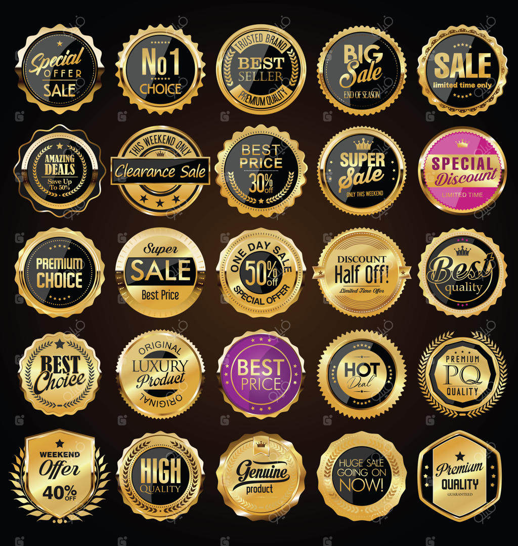 مجموعه برچسب‌ها و نشان‌های طلایی قدیمی و وینتیج