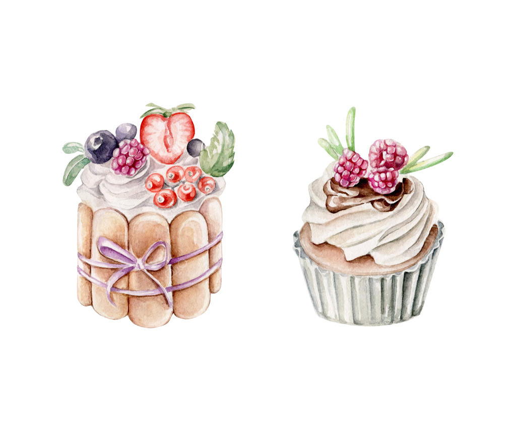 دسرهای آبرنگی تزیین‌شده با انواع توت‌ها