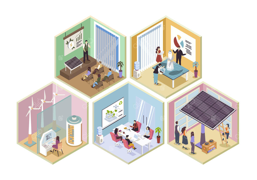 مفهوم اتاق‌های ایزومتریک انرژی سبز در طراحی گرافیک ایزومتری برای وب. مردم با استفاده از منابع جایگزین مانند پنل‌های خورشیدی و توربین‌های بادی، در کنفرانس ملاقات می‌کنند. تصویرسازی.