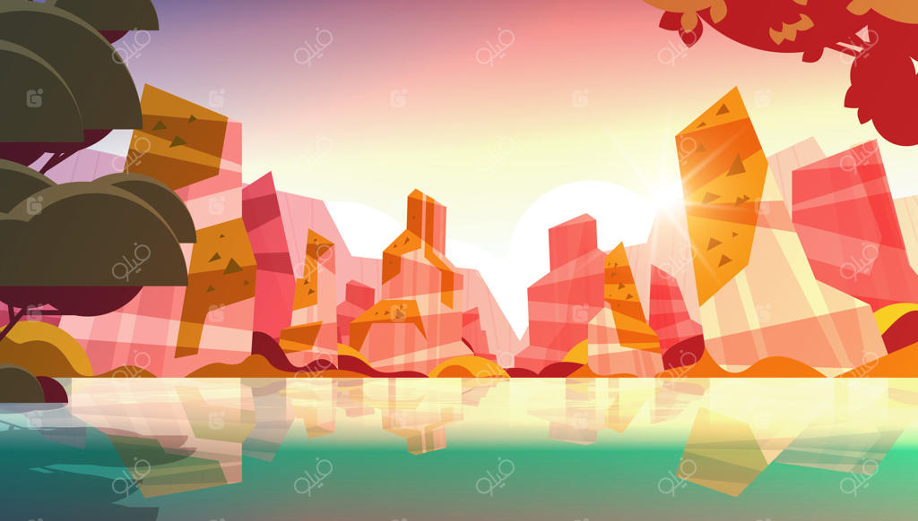 منظره غروب زیبای ساحل گرمسیری تابستانی با درختان و کوه‌ها، تصویر برداری افقی