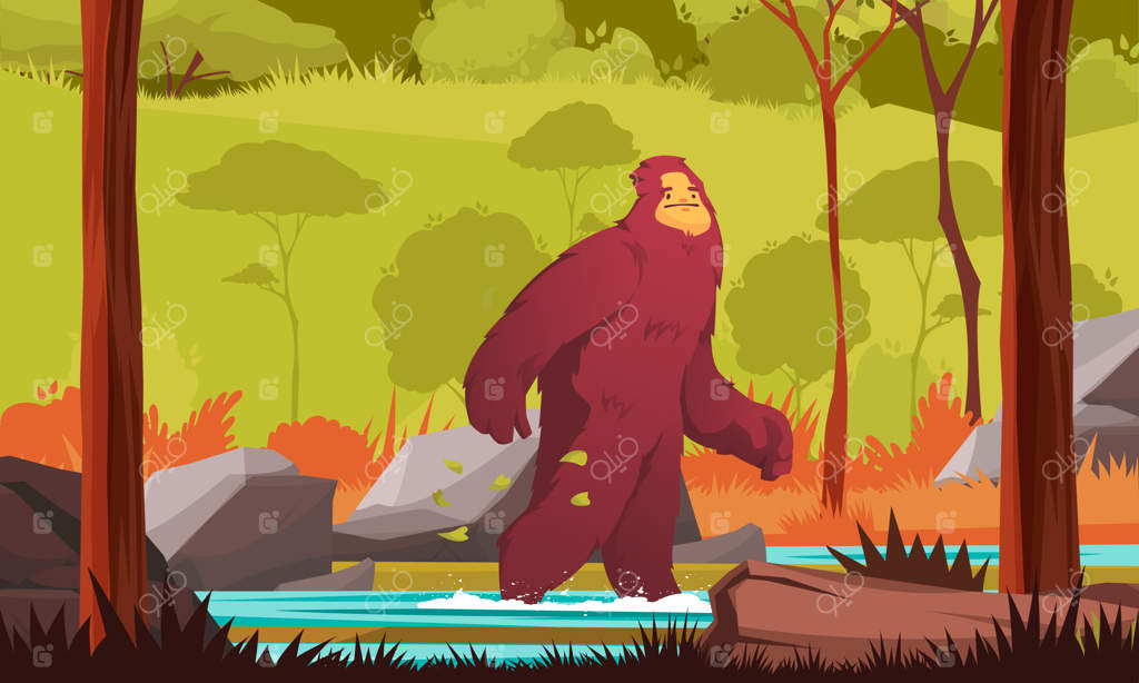 یتی در حال قدم زدن تنها در جنگل‌ها - تصویرسازی کارتونی با پس‌زمینه رنگی وکتور تخت