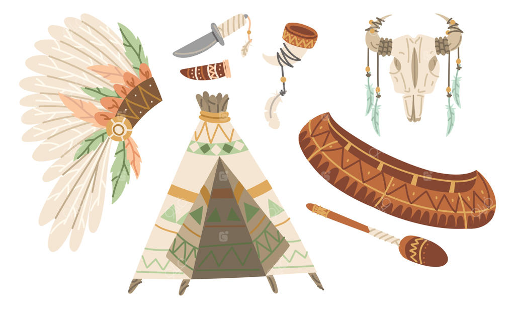 مجموعه‌ای از اشیای قبیله‌های محلی شامل کلاه پر، قایق، چادر سرخ‌پوستی، چاقو، فنجان شاخ حیوان، جمجمه گاو. آیتم‌های مراسمی. تصویرسازی تخت و رنگارنگ. مناسب پروژه‌های فرهنگی یا آموزشی و طراحی.