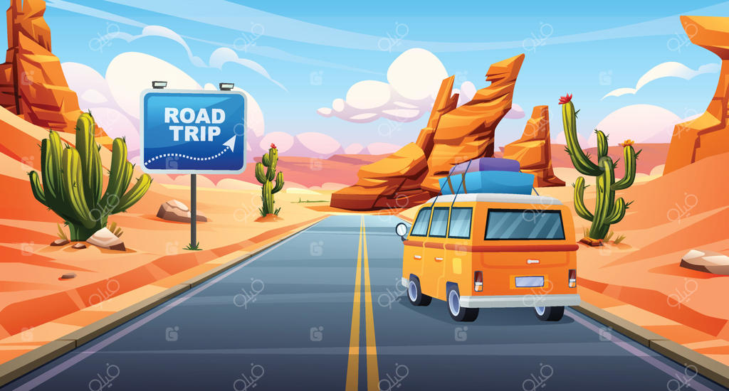سفر جاده‌ای با ماشین از میان بیابان با صخره‌های شگفت‌انگیز و کاکتوس‌ها در دو طرف - تصویر کارتونی