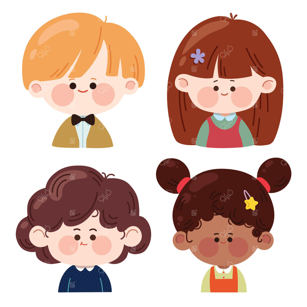 مجموعه آواتارهای متنوع کودکان؛ چهره‌های خندان دختر و پسرهای خردسال با نژادهای مختلف، شخصیت‌های کارتونی و تصویرسازی جداشده در پس‌زمینه سفید.