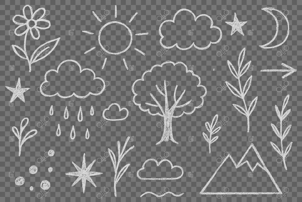 مجموعه‌ای از عناصر طبیعت با طراحی تخته‌ای شامل خورشید، ماه، ستاره‌ها، ابرها، درخت، کوه، گل، برگ و قطرات باران برای طراحی یا تزئینات