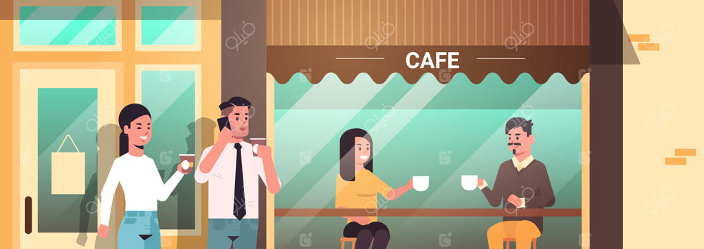 بازدیدکنندگان تجاری در حال استراحت و نوشیدن قهوه در کافه مدرن خیابانی