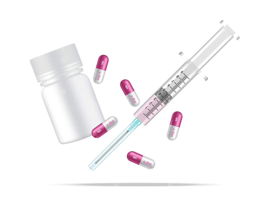 بطری، کپسول قرص لاغری و سرنگ واکسن