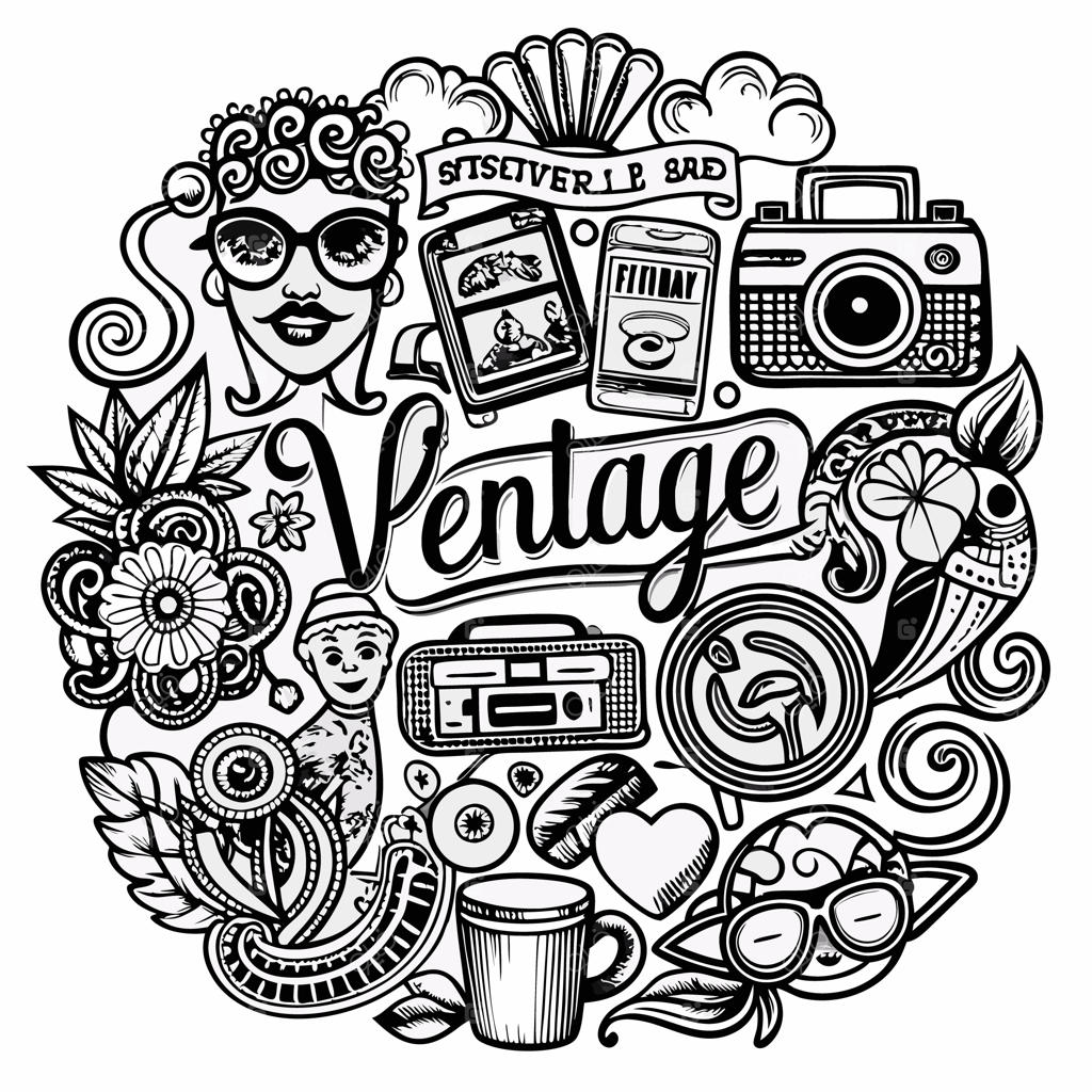 تصویرسازی دودل وینتیج شامل دوربین، عینک آفتابی و عناصر رترو