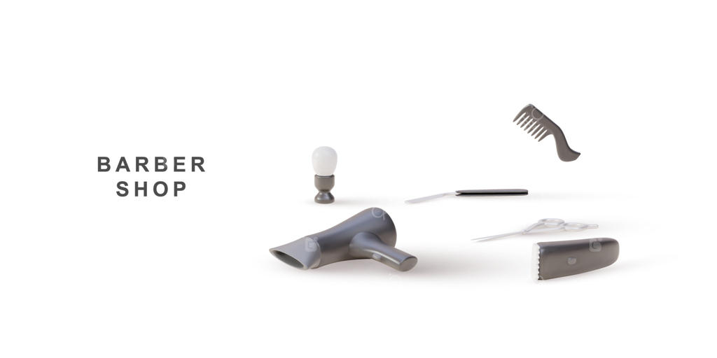 کیت اشیاء سه بعدی برای آرایشگاه با پس‌زمینه سفید. تصویر وکتوری.