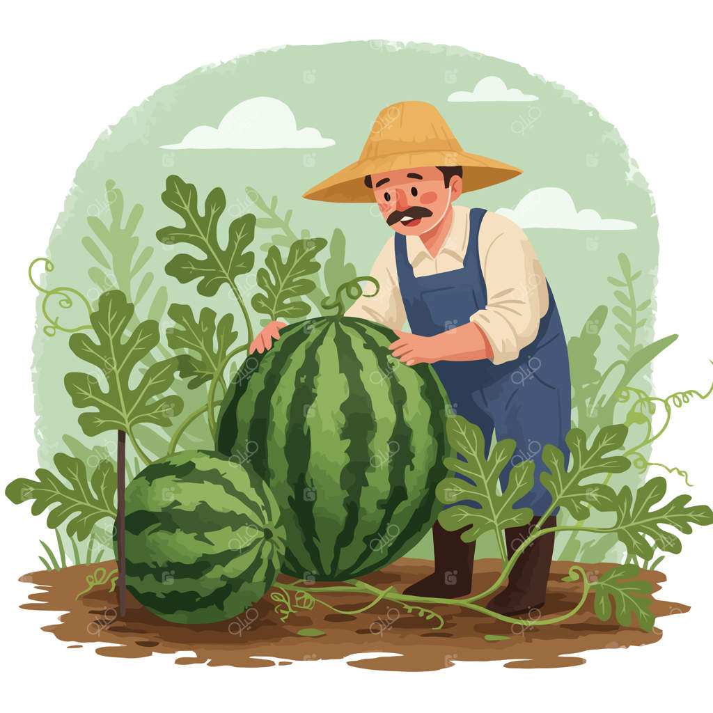 کشاورزی در حال بررسی هندوانه‌های رسیده در باغچه آماده برداشت