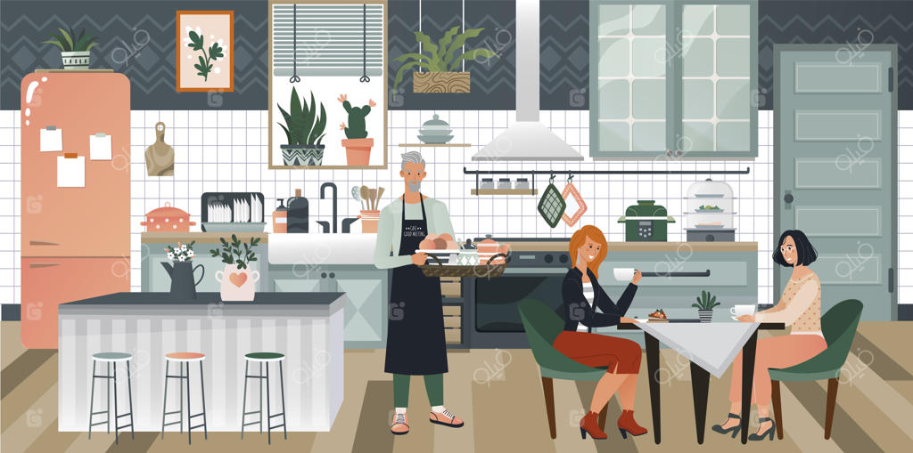 طراحی داخلی آشپزخانه دنج با اجاق، کمد و ظروف، مردی که به دو زن صبحانه سرو می‌کند به سبک هیگیه.