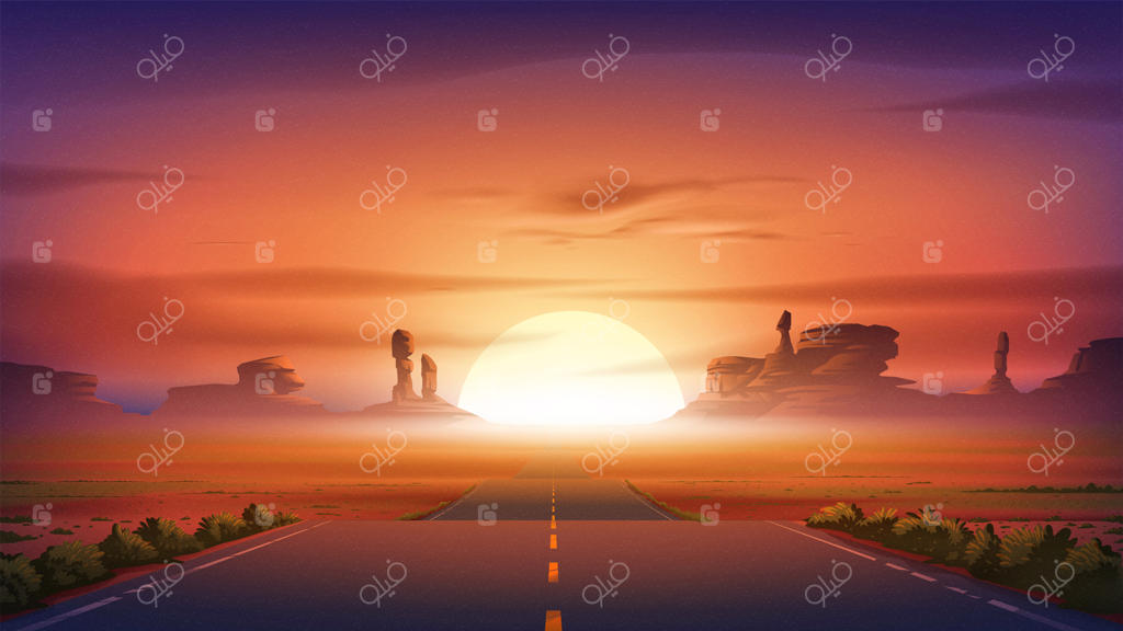 تصویر وکتور منظره بزرگراهی از ایالتی به ایالت دیگر در دل کویر با غروب خورشید در دره
