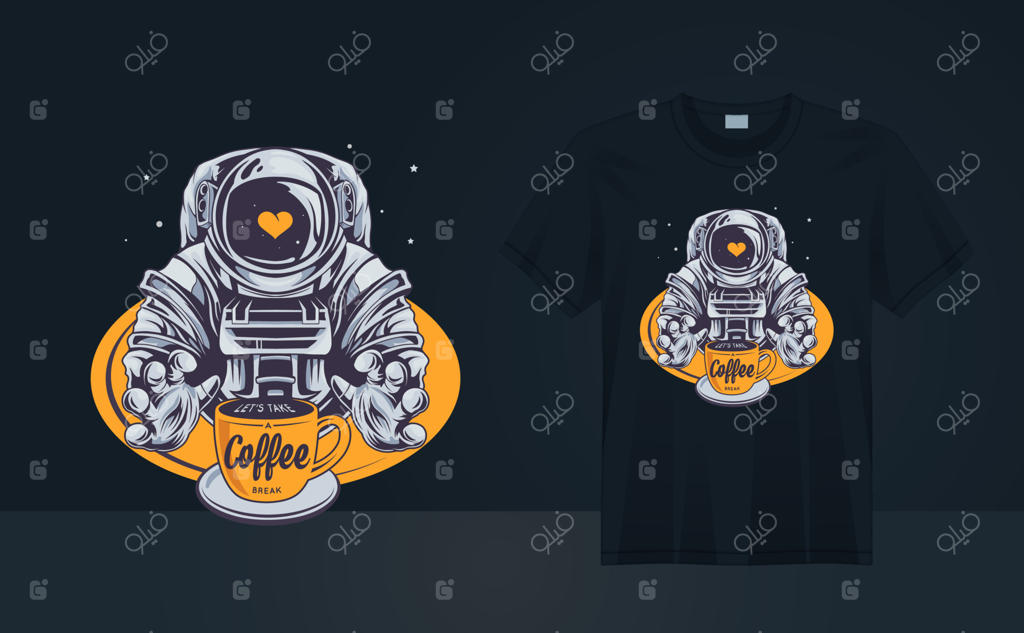 طرح وکتور تیشرت: عشق فضانورد به قهوه - طراحی سبک قدیمی و گرنج برای چاپ تیشرت، پوستر، دکور دیواری و مد روز
