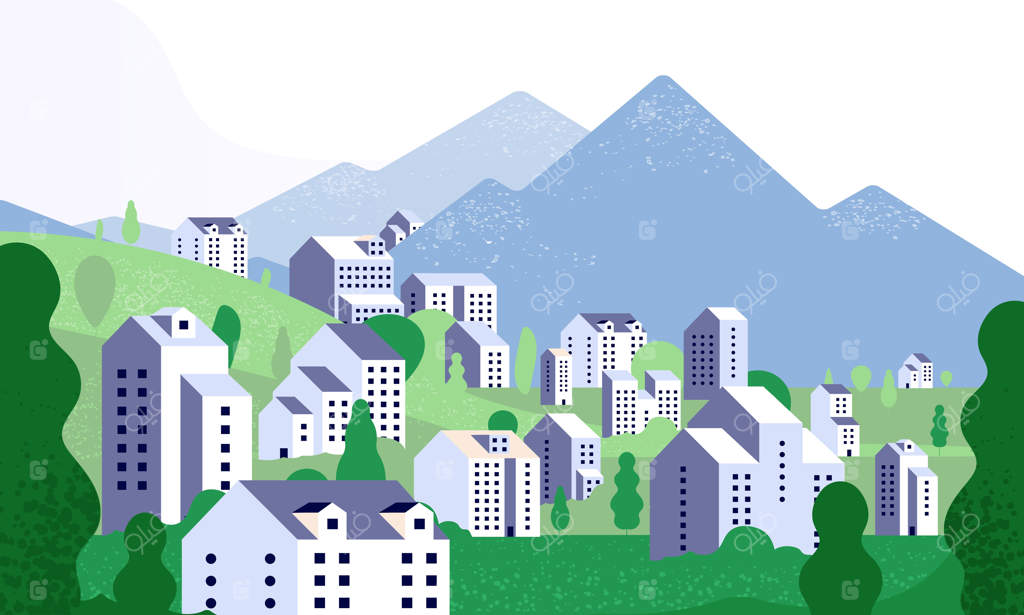 شهر ساده: مناظر طبیعی با ساختمان‌های مدرن. خیابان شهری در تابستان. زمینه‌ای به سبک مینیمالیستی.