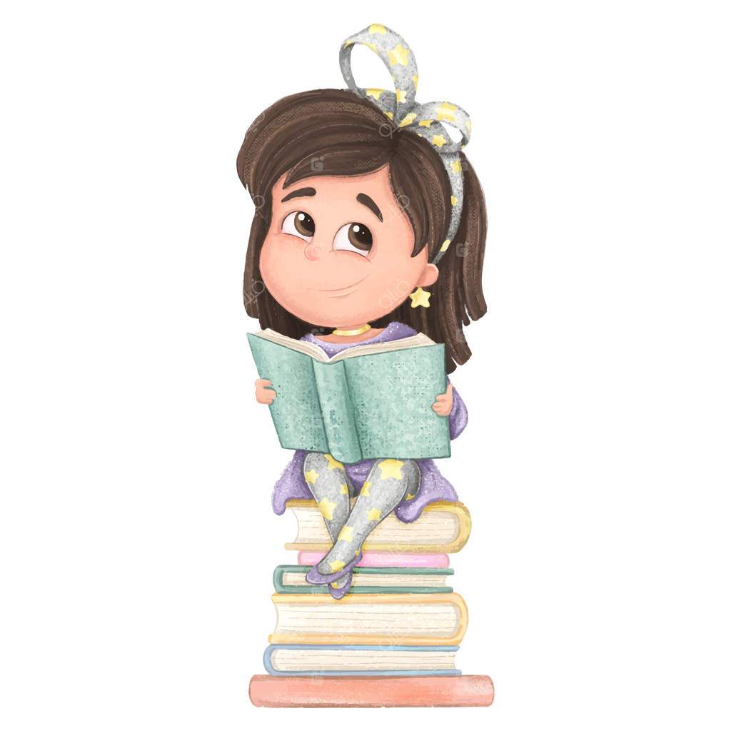 دختر بامزه در حال خواندن کتاب. تصویر کارتونی