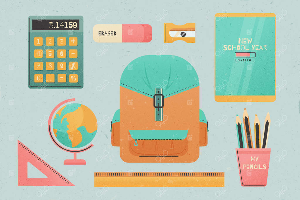 مجموعه عناصر برگشت به مدرسه به صورت تخت