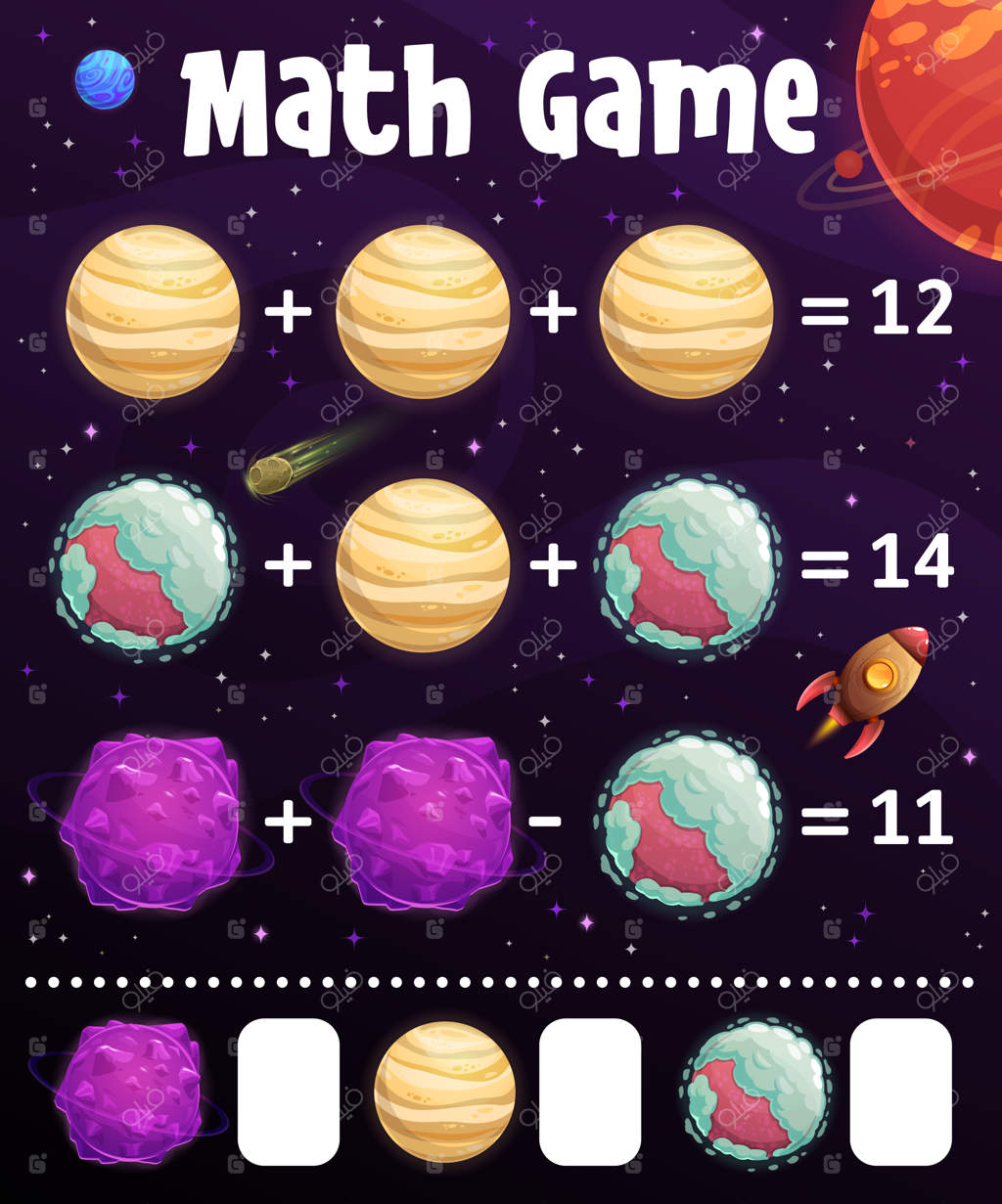بازی ریاضی: کاربرگ فضایی با سیارات و ستاره‌ها در دنیای کارتونی