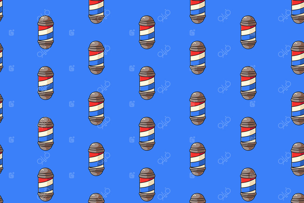 طرح یکپارچه از تیر چراغ آرایشگری رنگارنگ روی پس‌زمینه آبی. تصویرسازی از نشان چراغ آرایشگری به صورت دودل. زمینه نشان تیر چراغ آرایشگری برای محصولات فروشگاه آرایشگاه.