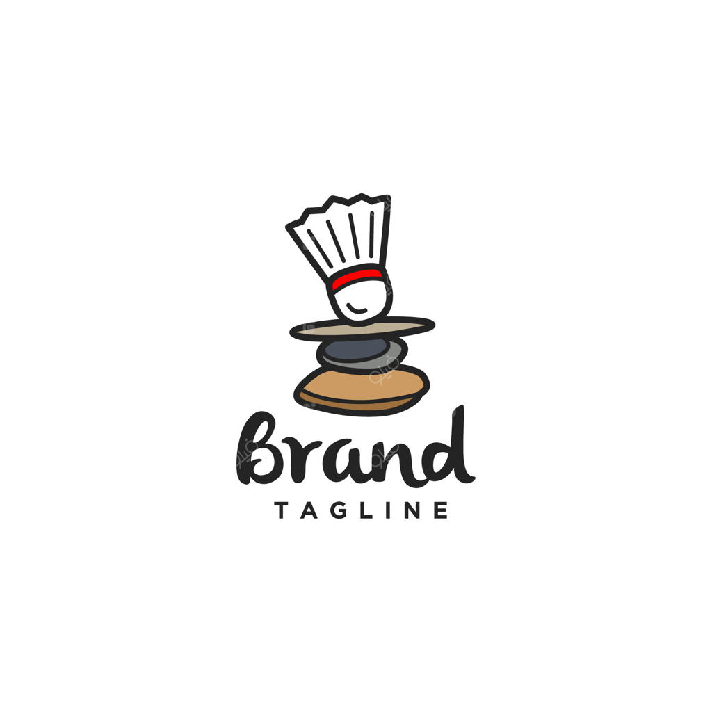 طراحی لوگوی شاتل‌کاک متعادل بر روی سنگ: طراحی لوگوی بدمینتون برای سلامت جسم و ذهن.