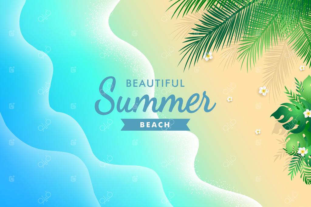 ساحل شنی تابستانی با پس‌زمینه‌ای از برگ‌ها و گیاهان استوایی