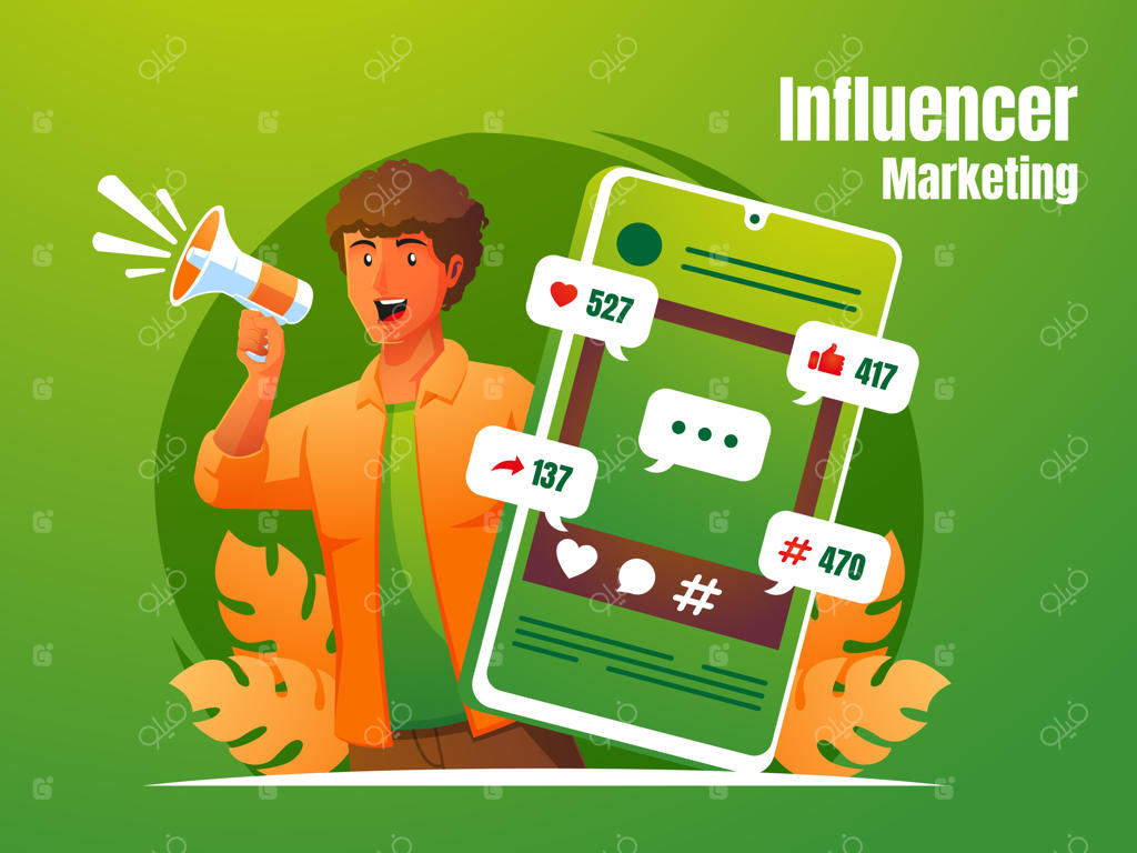 مردی فریادزن با بلندگو و مفهوم بازاریابی تاثیرگذار با گوشی هوشمند