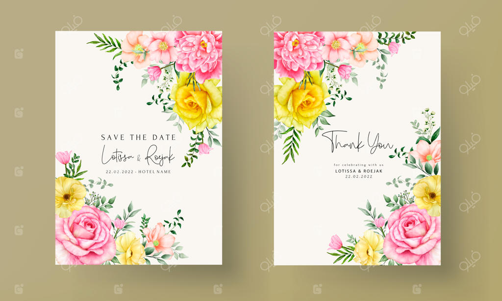 قالب دعوتنامه عروسی با طرح دستی زیبای گل‌های شکوفا شده